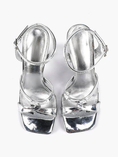 Women's Gold Leather Cross Strap Stiletto Heels 4.13 Inch Square Toe Ankle Strap Sandals YISHIFAN