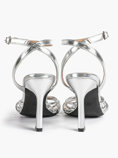 Women's Black Stiletto Heels 3.54 Inch Crisscross Strap Sandals Wedding Party Evening Dress Shoes YISHIFAN