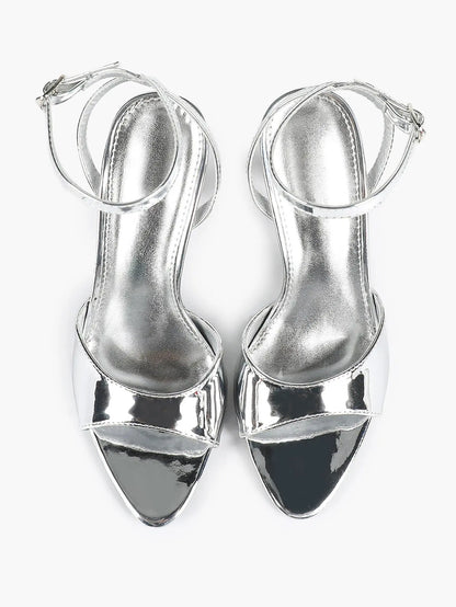 Women's Metallic Gloss Opened Pointed Toe Ankle Strap Stiletto Sandals Avant-Garde Heel for Party Casual YISHIFAN