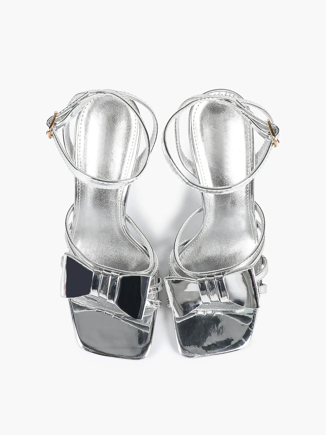 Women's Metallic Silver Open Toe Square Stiletto Sandals Galaxy Bowknot with Ankle Strap for Any Formal Scene YISHIFAN