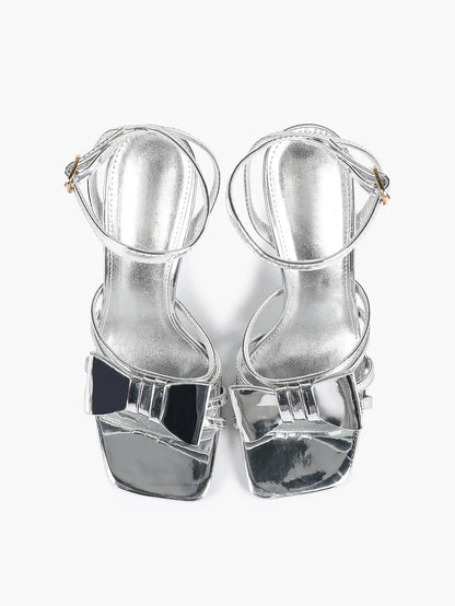 Women's Metallic Silver Open Toe Square Stiletto Sandals Galaxy Bowknot with Ankle Strap for Any Formal Scene YISHIFAN