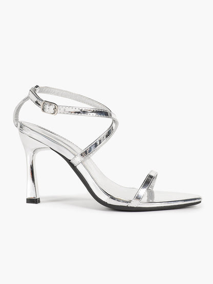 Silver Mirror Patent Crisscross Wraparound Strap Sandals Pointed Open Toe Stiletto Heels Sexy Club Party Shoes