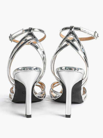 Leather Stiletto Heels for Women Open Pointed Toe Cross Ankle Strap Sandals for Wedding Party YISHIFAN