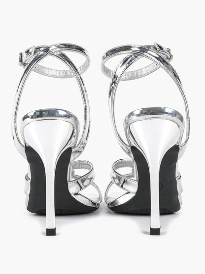 Women's Gold Leather Cross Strap Stiletto Heels 4.13 Inch Square Toe Ankle Strap Sandals YISHIFAN