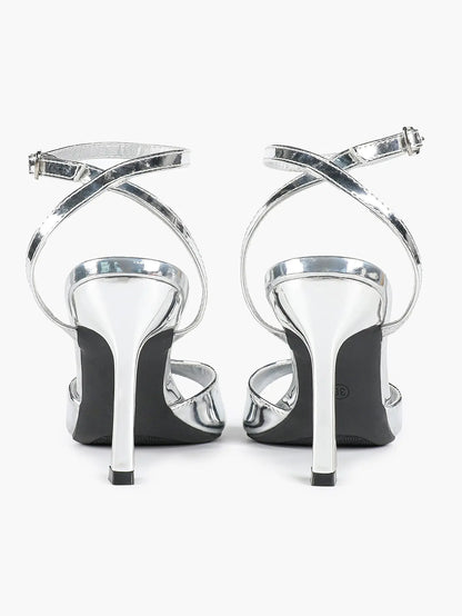 Women's Metallic Gloss Opened Pointed Toe Ankle Strap Stiletto Sandals Avant-Garde Heel for Party Casual YISHIFAN