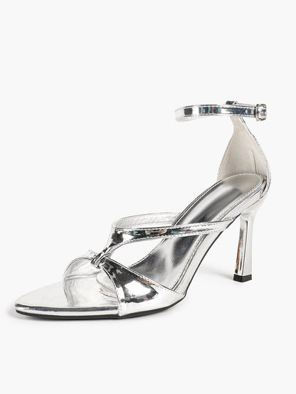 Silver Metallic Crisscross Strap Stilettos Pointed Open Toe Ankle Buckle Sandals Night Out Party Shoes
