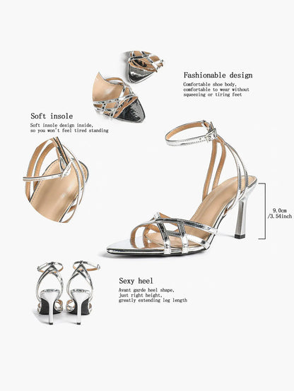 Leather Stiletto Heels for Women Open Pointed Toe Cross Ankle Strap Sandals for Wedding Party YISHIFAN