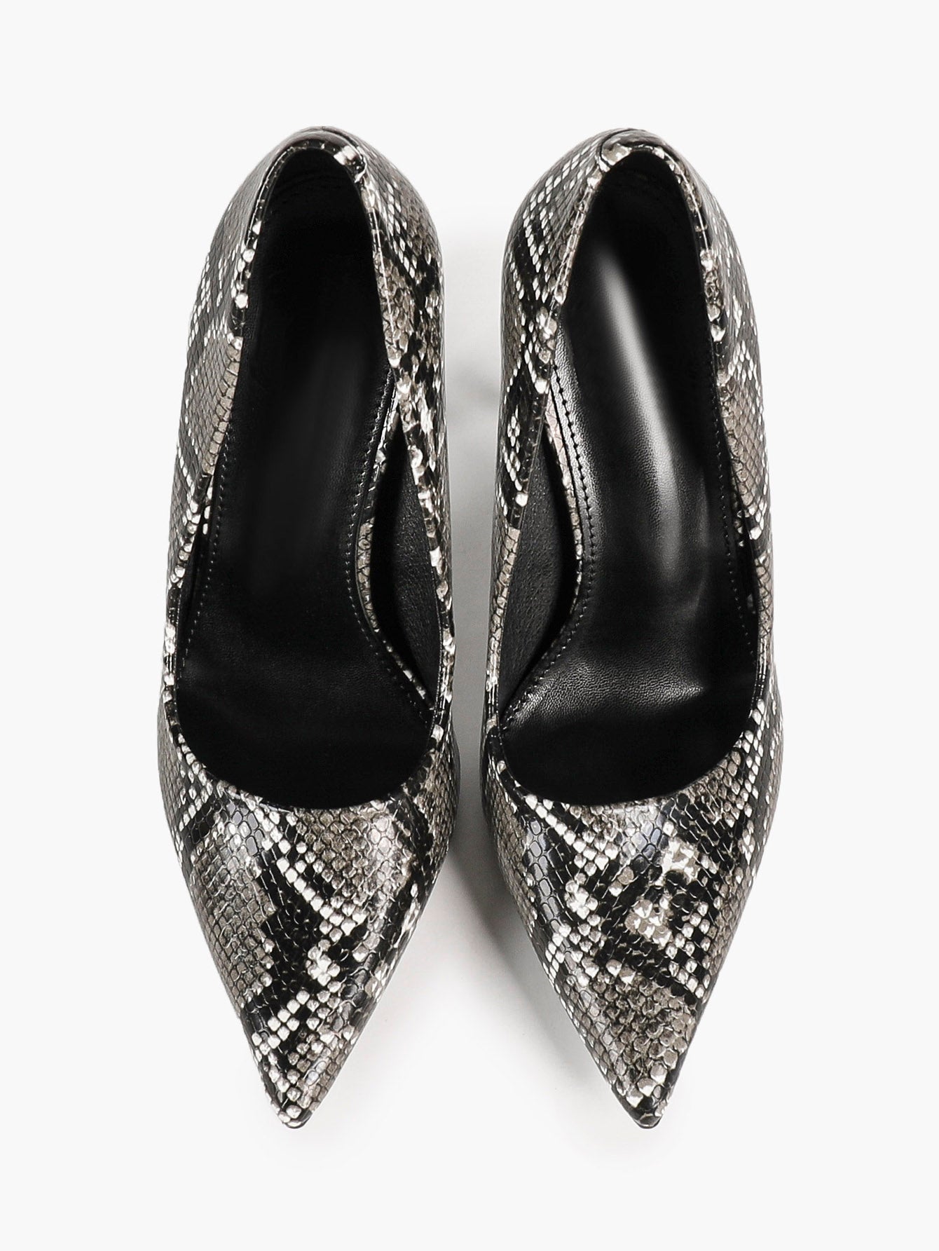 Women's Black White Snake Texture Pointed Toe Pumps Deep V-Cut Stiletto Heels Slip-On Elegant Date Shoes