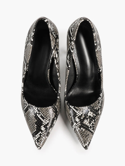 Women's Black White Snake Texture Pointed Toe Pumps Deep V-Cut Stiletto Heels Slip-On Elegant Date Shoes