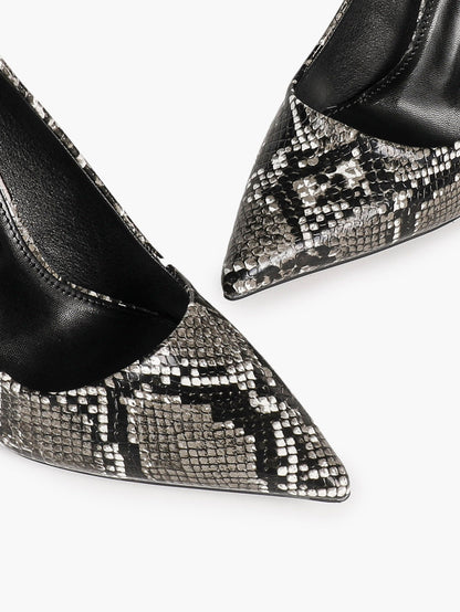 Women's Black White Snake Texture Pointed Toe Pumps Deep V-Cut Stiletto Heels Slip-On Elegant Date Shoes