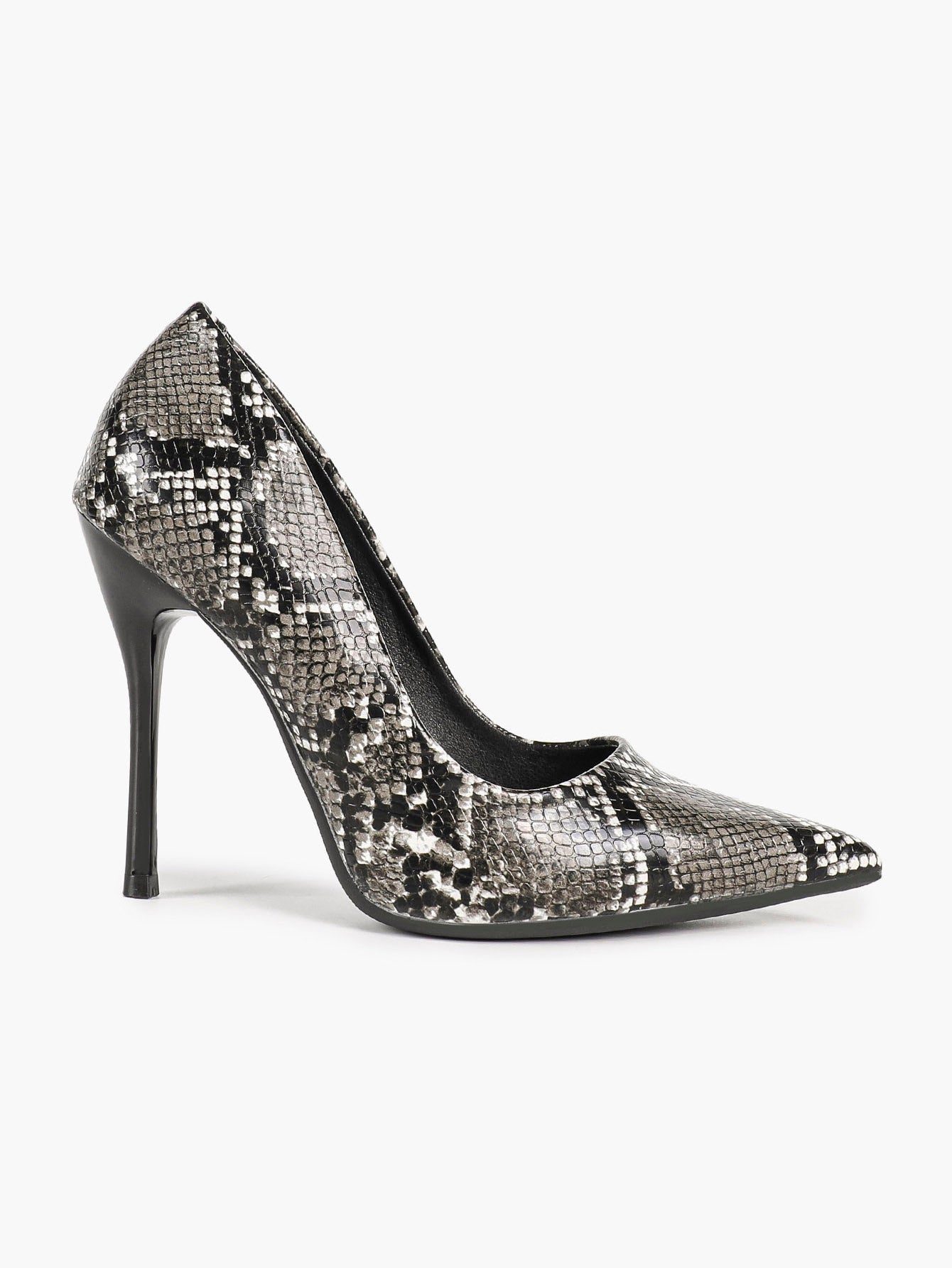 Women's Black White Snake Texture Pointed Toe Pumps Deep V-Cut Stiletto Heels Slip-On Elegant Date Shoes