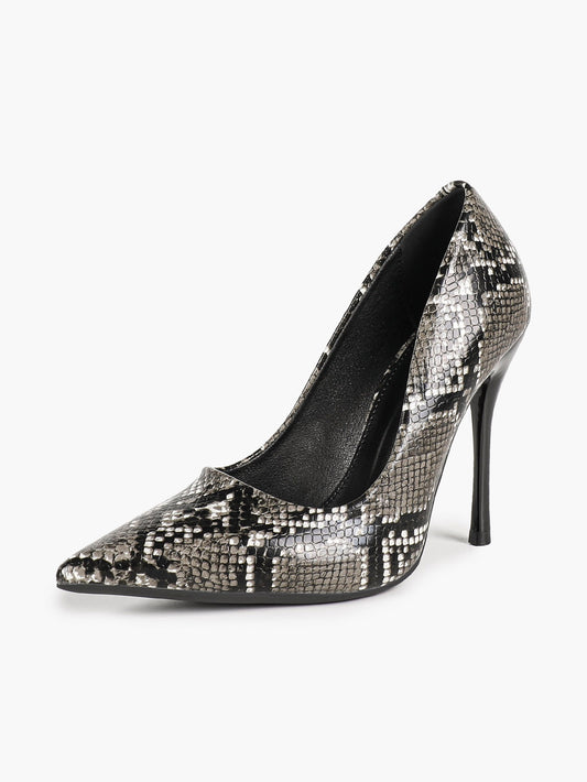 Women's Black White Snake Texture Pointed Toe Pumps Deep V-Cut Stiletto Heels Slip-On Elegant Date Shoes