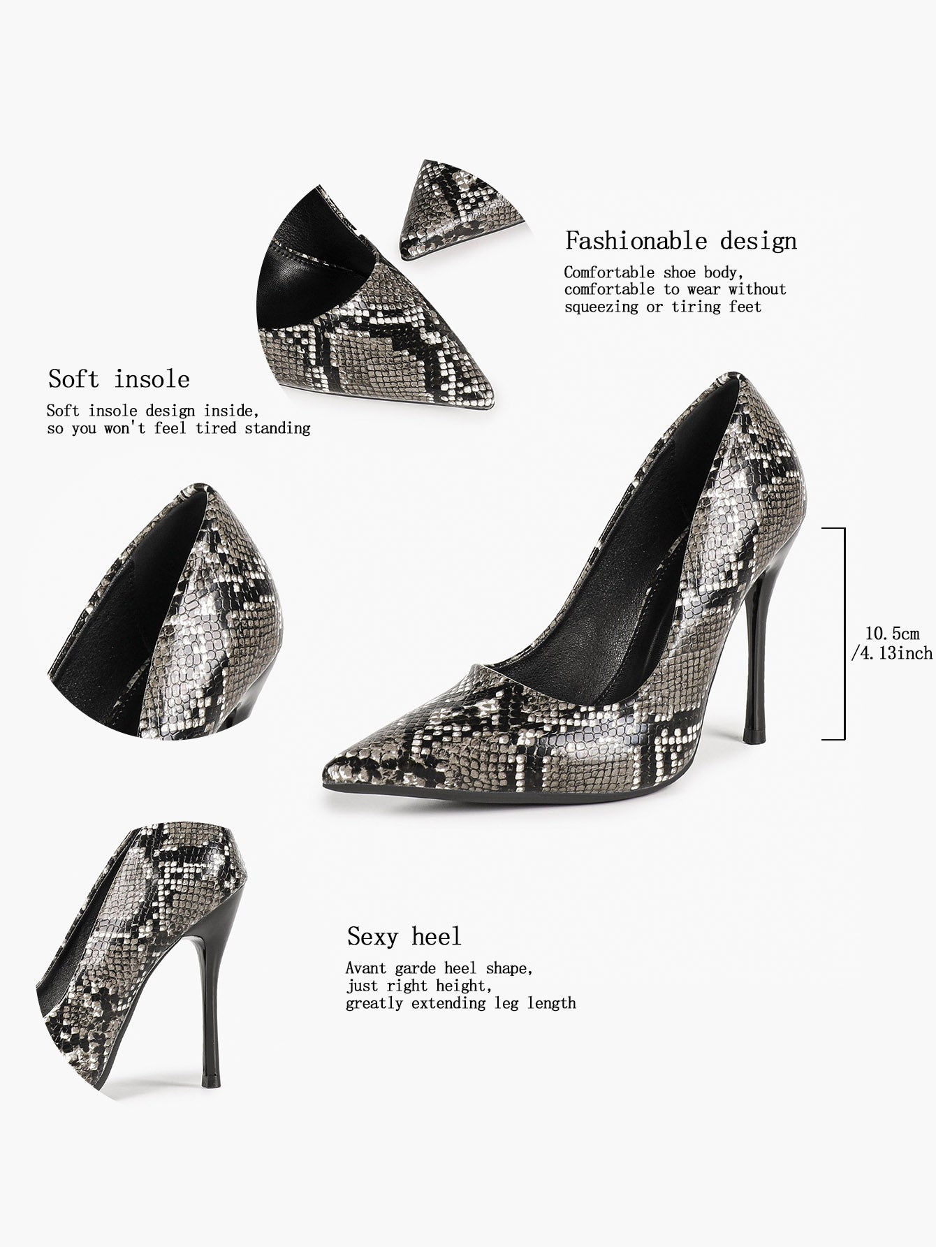 Women's Black White Snake Texture Pointed Toe Pumps Deep V-Cut Stiletto Heels Slip-On Elegant Date Shoes