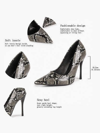 Women's Black White Snake Texture Pointed Toe Pumps Deep V-Cut Stiletto Heels Slip-On Elegant Date Shoes