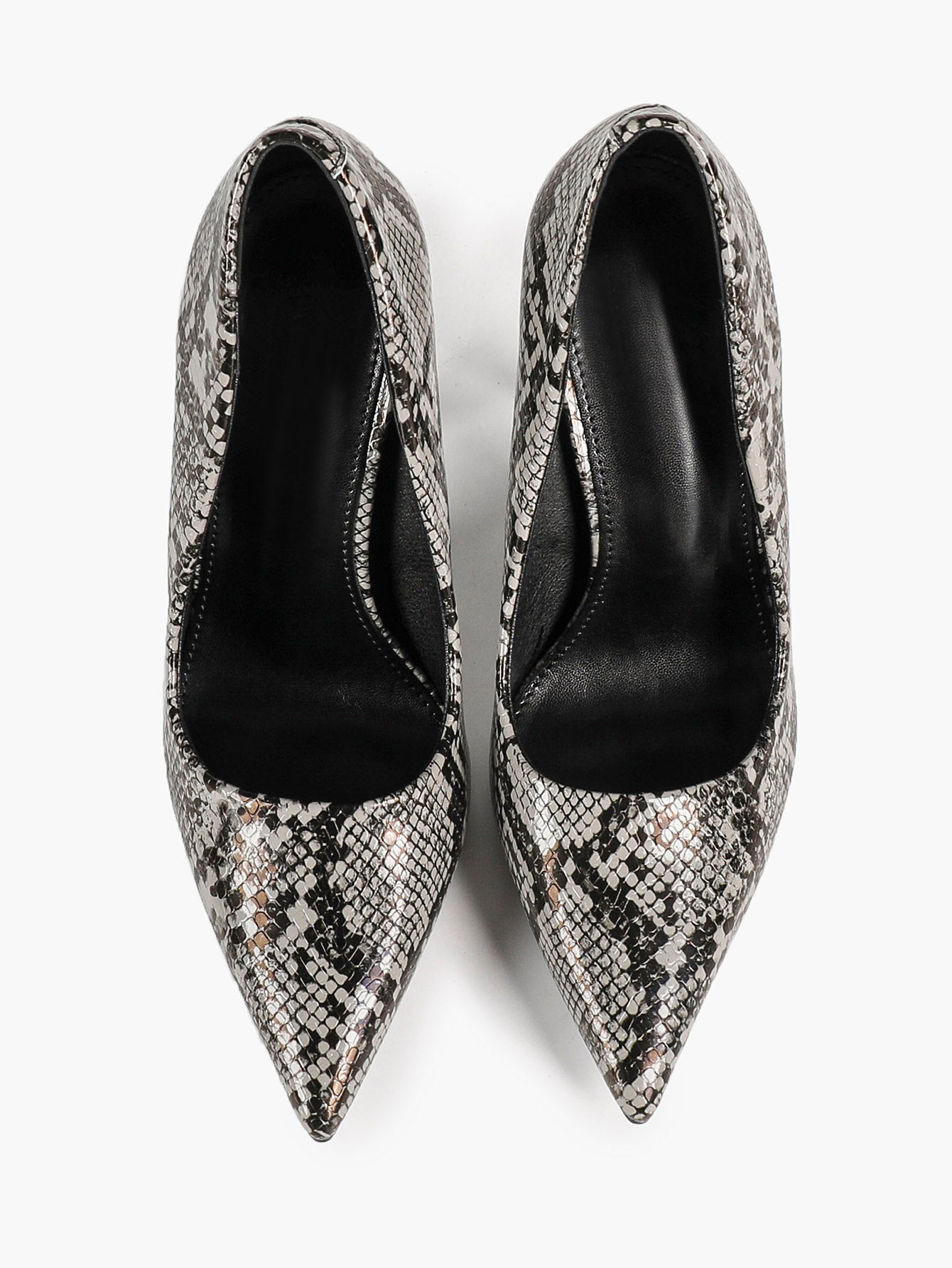 Women's Black White Snake Texture Pointed Toe Pumps Deep V-Cut Stiletto Heels Slip-On Elegant Date Shoes