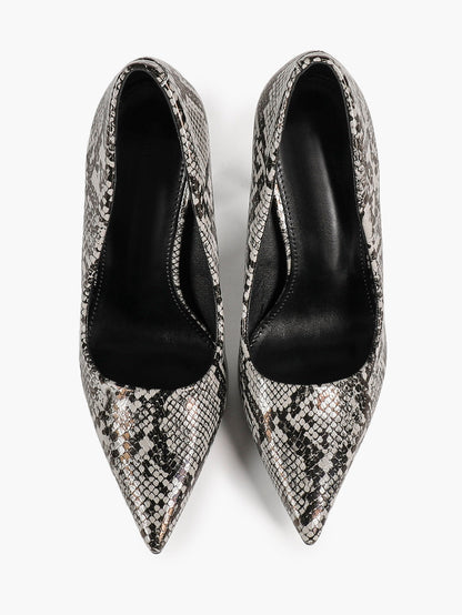 Women's Black White Snake Texture Pointed Toe Pumps Deep V-Cut Stiletto Heels Slip-On Elegant Date Shoes