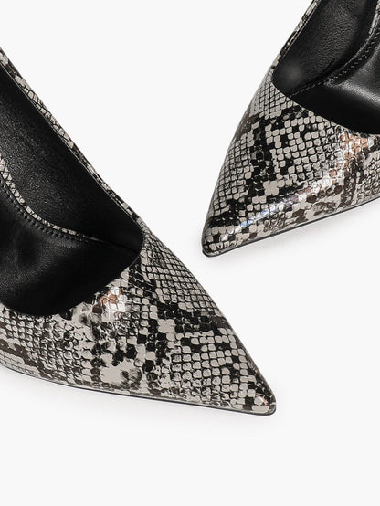 Women's Black White Snake Texture Pointed Toe Pumps Deep V-Cut Stiletto Heels Slip-On Elegant Date Shoes