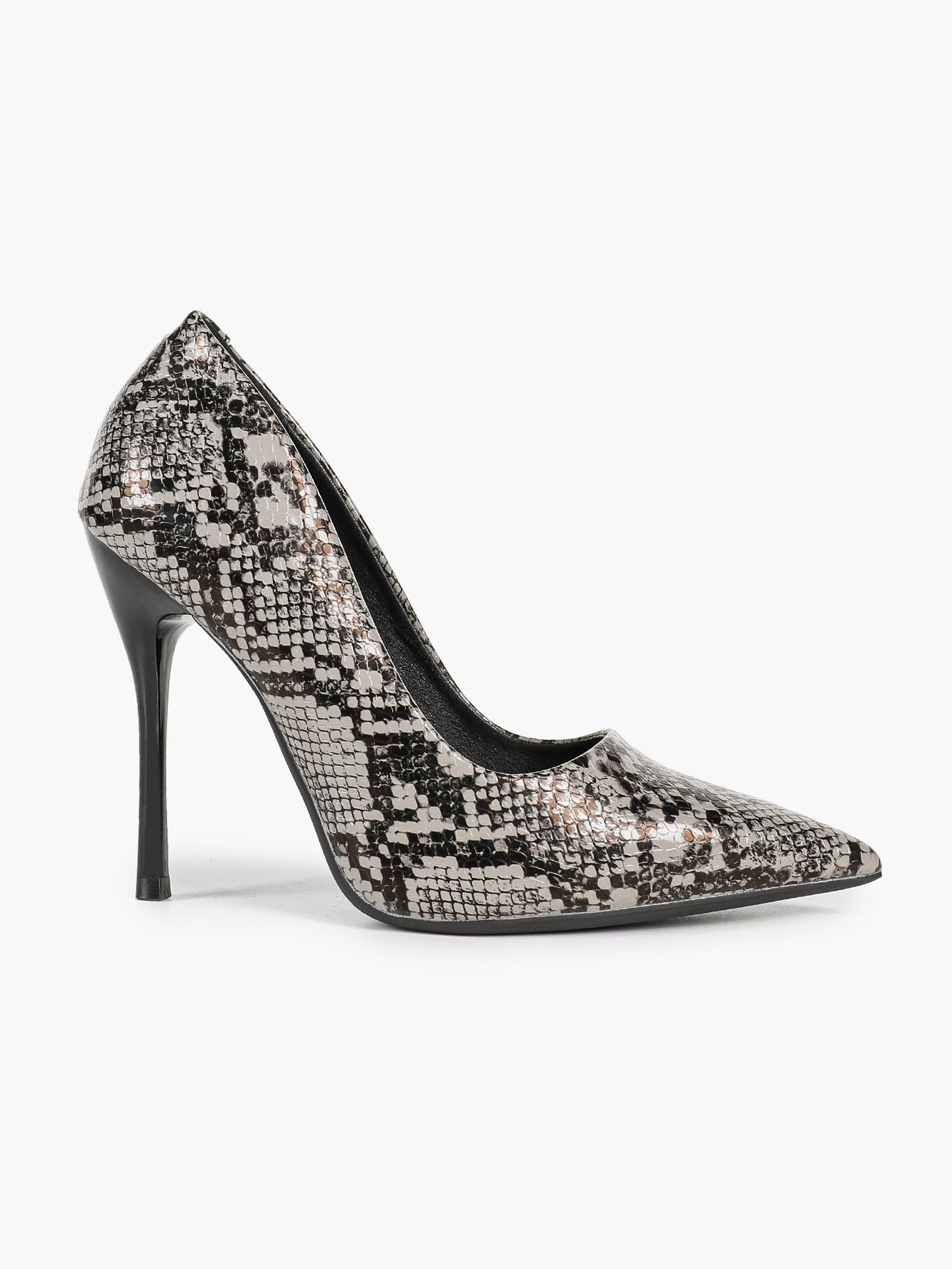 Women's Black White Snake Texture Pointed Toe Pumps Deep V-Cut Stiletto Heels Slip-On Elegant Date Shoes