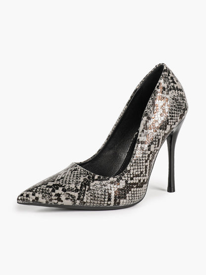 Women's Black White Snake Texture Pointed Toe Pumps Deep V-Cut Stiletto Heels Slip-On Elegant Date Shoes