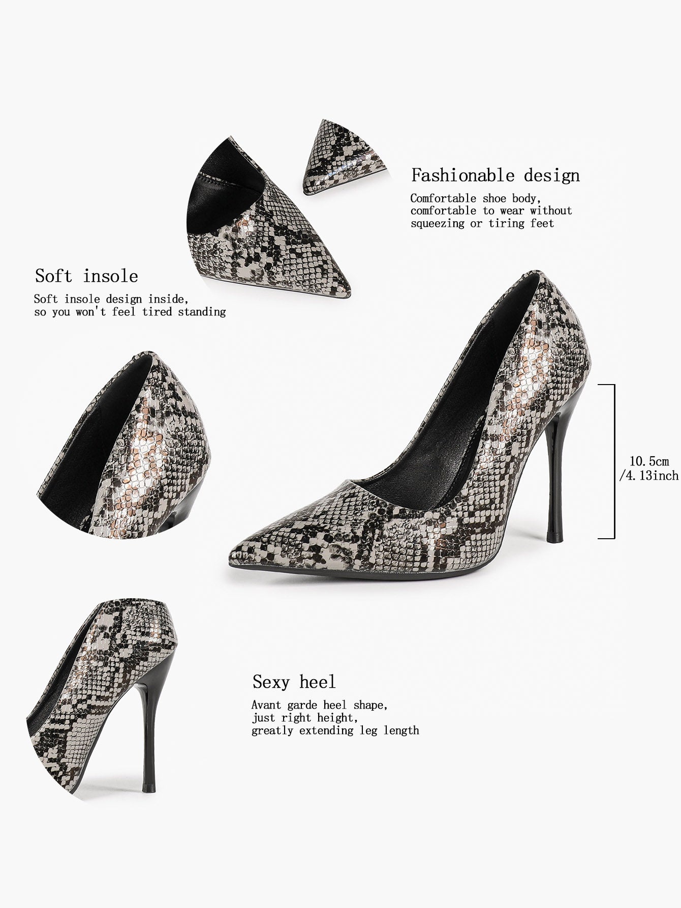 Women's Black White Snake Texture Pointed Toe Pumps Deep V-Cut Stiletto Heels Slip-On Elegant Date Shoes