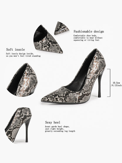 Women's Black White Snake Texture Pointed Toe Pumps Deep V-Cut Stiletto Heels Slip-On Elegant Date Shoes
