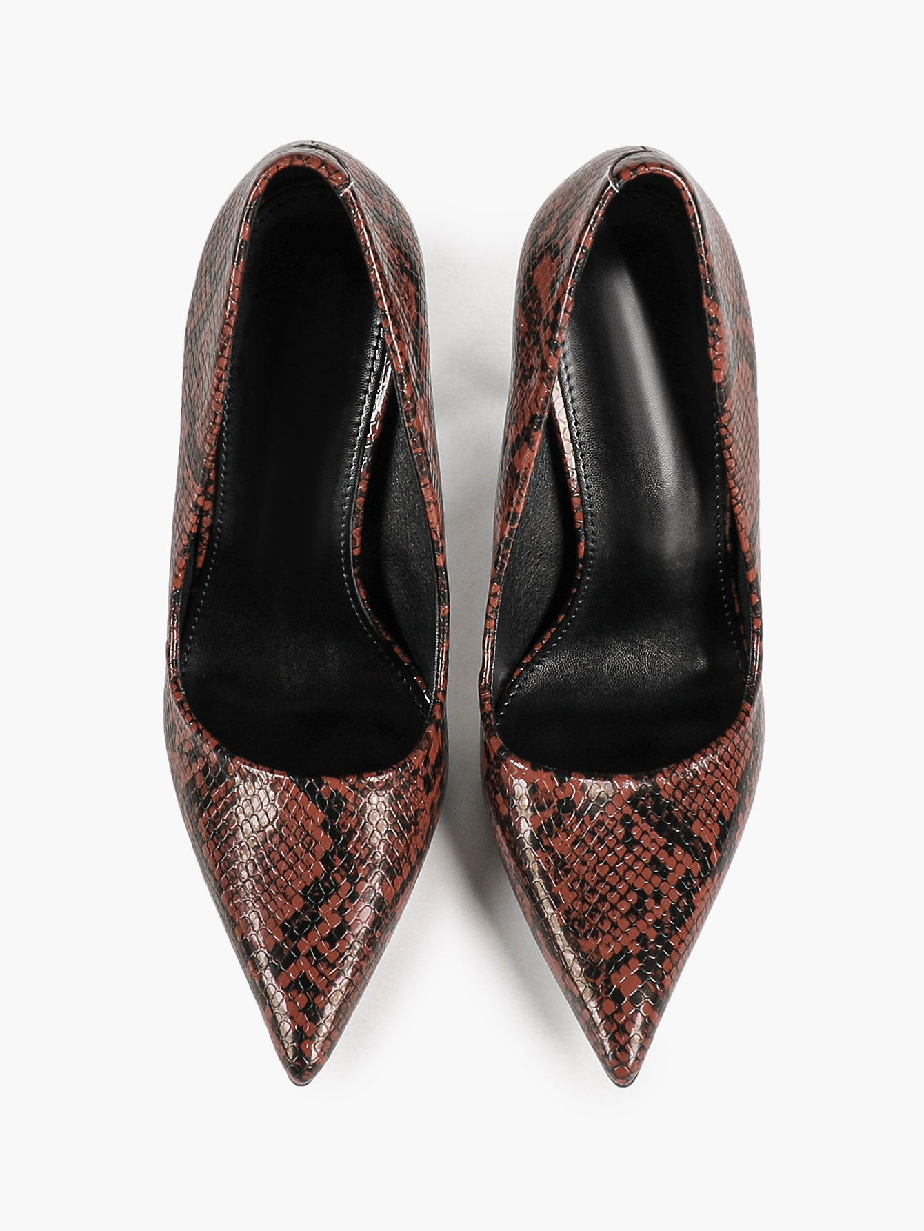 Women's Black White Snake Texture Pointed Toe Pumps Deep V-Cut Stiletto Heels Slip-On Elegant Date Shoes