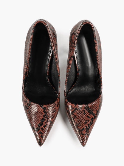 Women's Black White Snake Texture Pointed Toe Pumps Deep V-Cut Stiletto Heels Slip-On Elegant Date Shoes