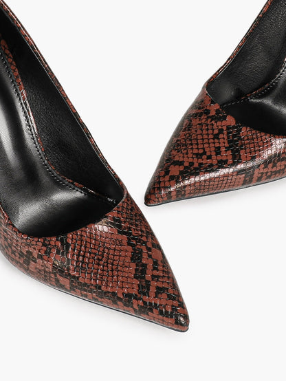 Women's Black White Snake Texture Pointed Toe Pumps Deep V-Cut Stiletto Heels Slip-On Elegant Date Shoes