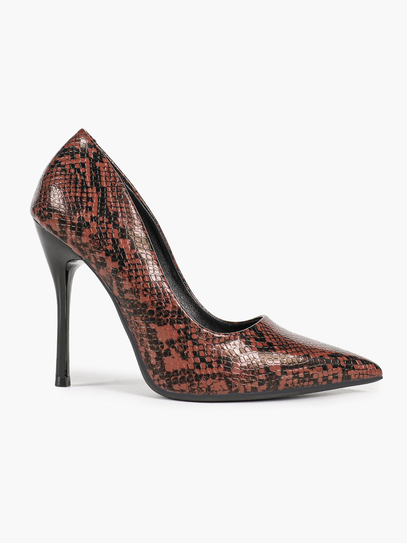 Women's Black White Snake Texture Pointed Toe Pumps Deep V-Cut Stiletto Heels Slip-On Elegant Date Shoes
