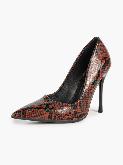 Women's Black White Snake Texture Pointed Toe Pumps Deep V-Cut Stiletto Heels Slip-On Elegant Date Shoes