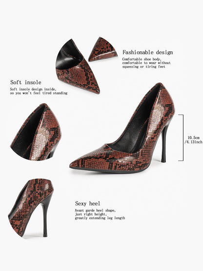 Women's Black White Snake Texture Pointed Toe Pumps Deep V-Cut Stiletto Heels Slip-On Elegant Date Shoes