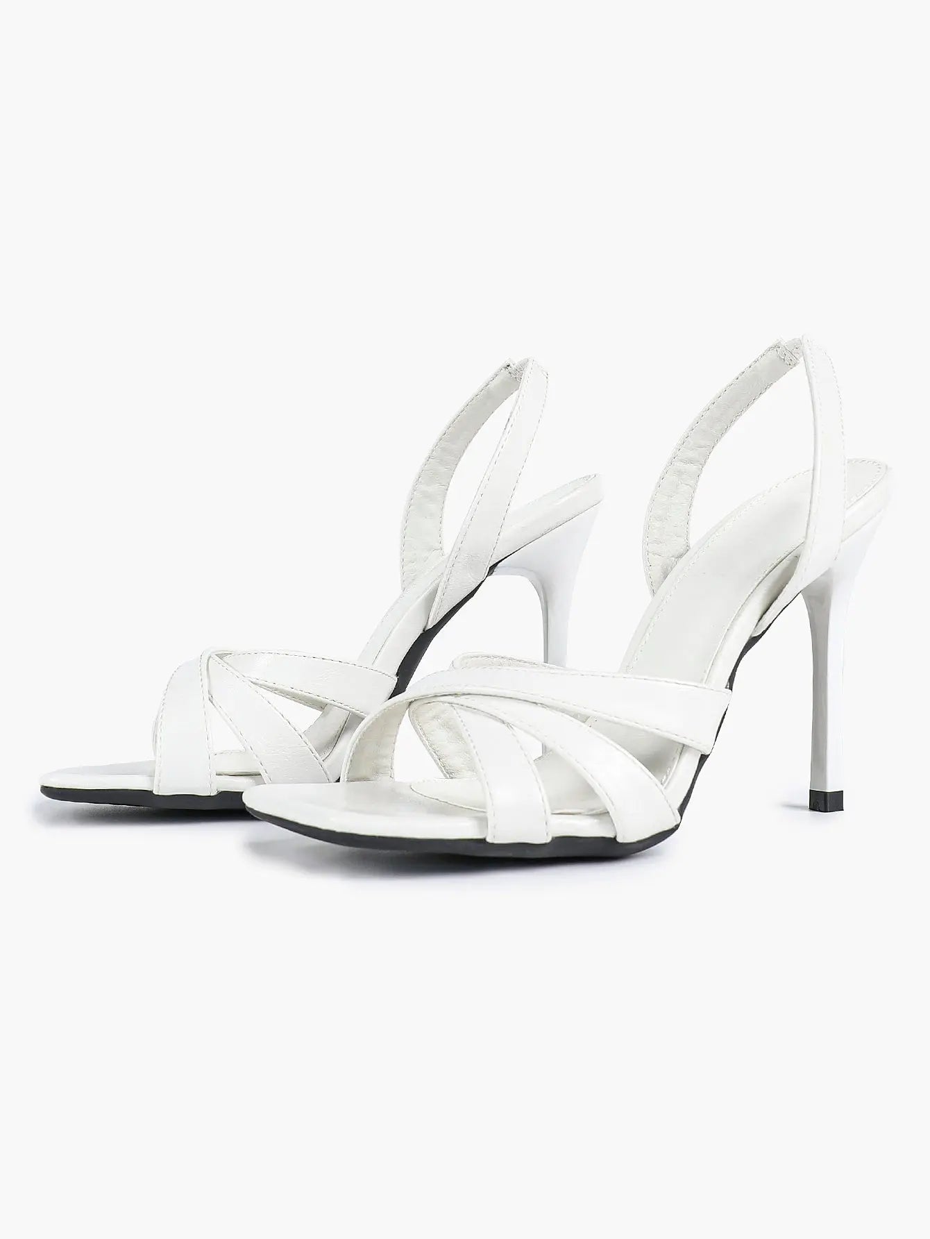 Women's White Leather Square-Toe Stiletto Heels Slingback Heels 3.74 Inch Cross-Strap Stiletto Sandals YISHIFAN