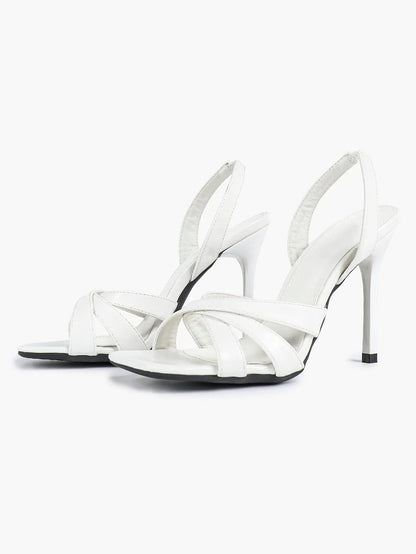 Women's White Leather Square-Toe Stiletto Heels Slingback Heels 3.74 Inch Cross-Strap Stiletto Sandals YISHIFAN