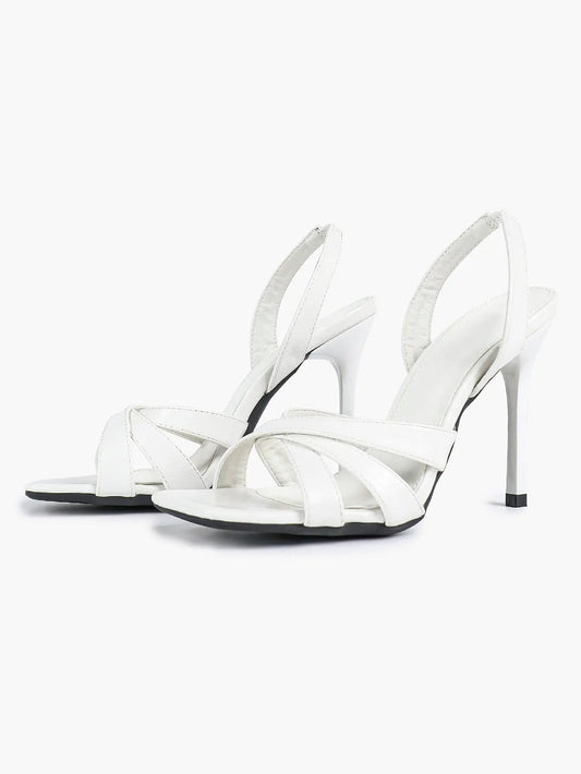 Women's White Leather Square-Toe Stiletto Heels Slingback Heels 3.74 Inch Cross-Strap Stiletto Sandals YISHIFAN
