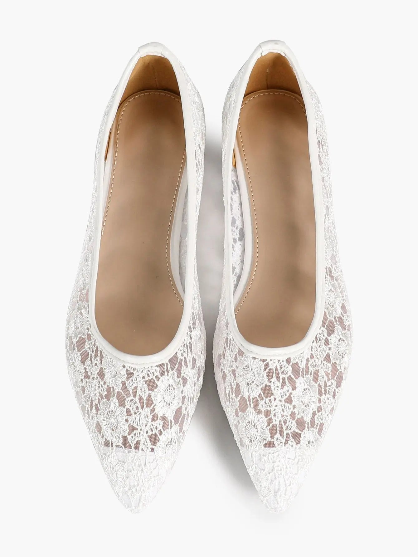White Daisy Lace Sheer Mesh Pointed Toe Flats – Women's See-Through Bridal Ballet Flat with Caramel Footbed YISHIFAN