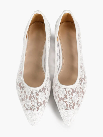 White Daisy Lace Sheer Mesh Pointed Toe Flats – Women's See-Through Bridal Ballet Flat with Caramel Footbed YISHIFAN
