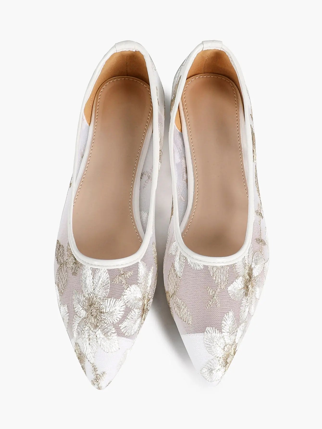 White & Gold Chrysanthemum Embroidery Mesh Pointed Toe Flats – Women's Metallic Floral Ballet Flat YISHIFAN