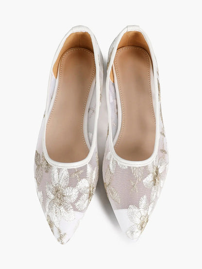 White & Gold Chrysanthemum Embroidery Mesh Pointed Toe Flats – Women's Metallic Floral Ballet Flat YISHIFAN