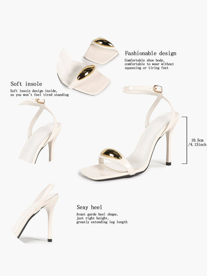 Chic White Glossy Heeled Sandals with Metal Accent - Square Toe Stilettos for Weddings & Parties