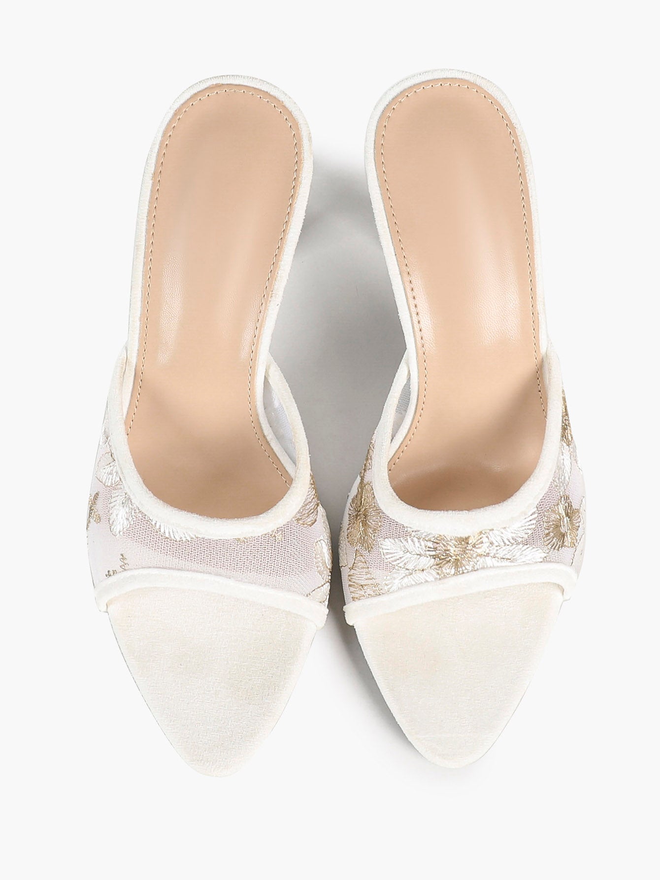 Beige Glitter Mesh Floral Embroidery Stiletto Mules Open Toe Slip-On Evening Party Club Shoes