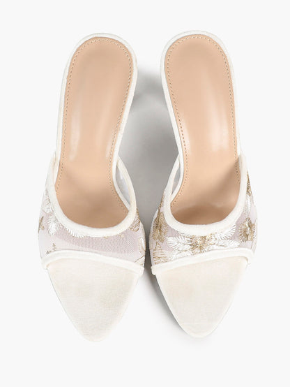 Beige Glitter Mesh Floral Embroidery Stiletto Mules Open Toe Slip-On Evening Party Club Shoes