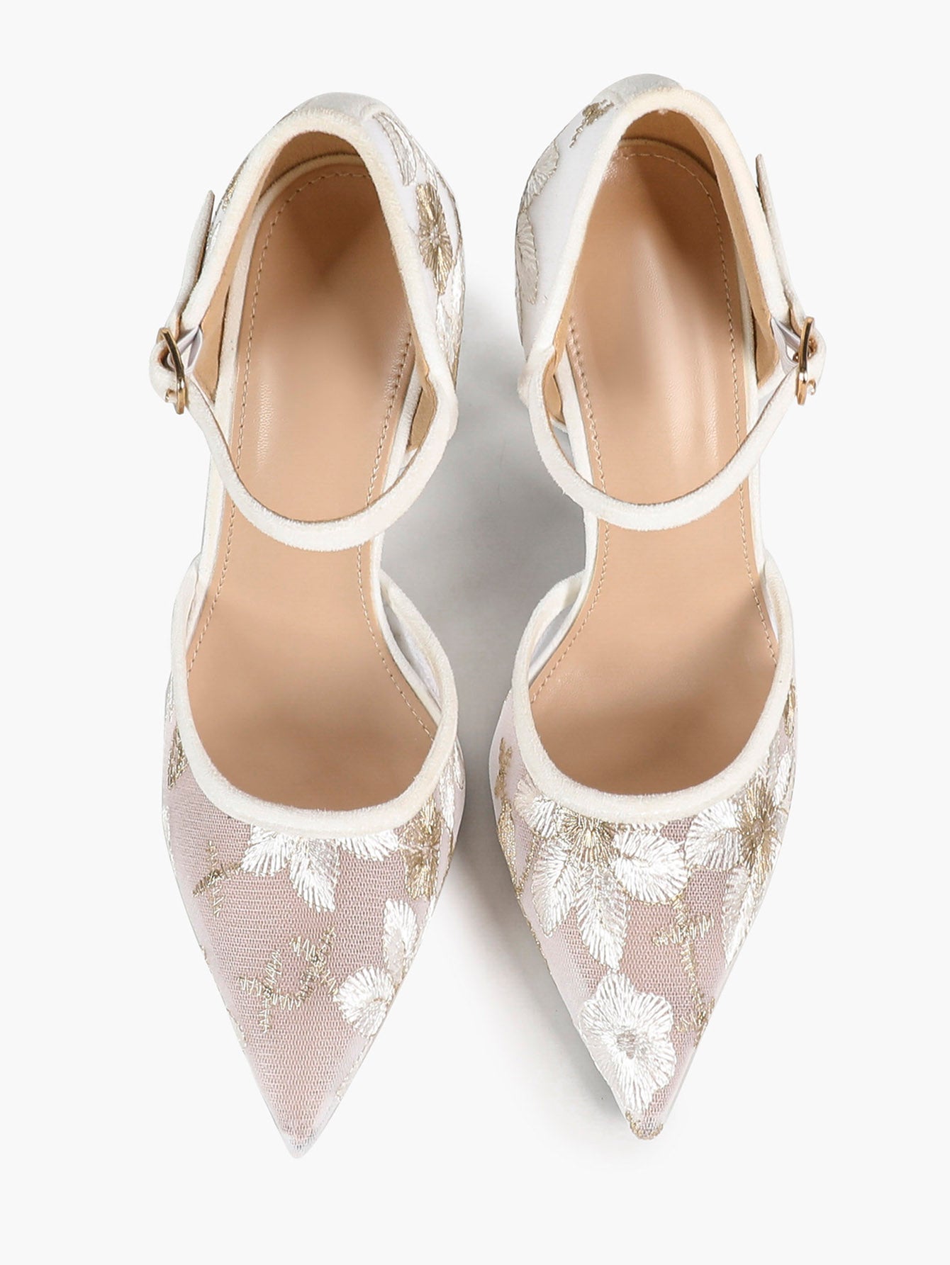 Sparkly Lace Pointed Toe Heels - 4.13" Ankle Strap Pumps with Non-Slip Sole