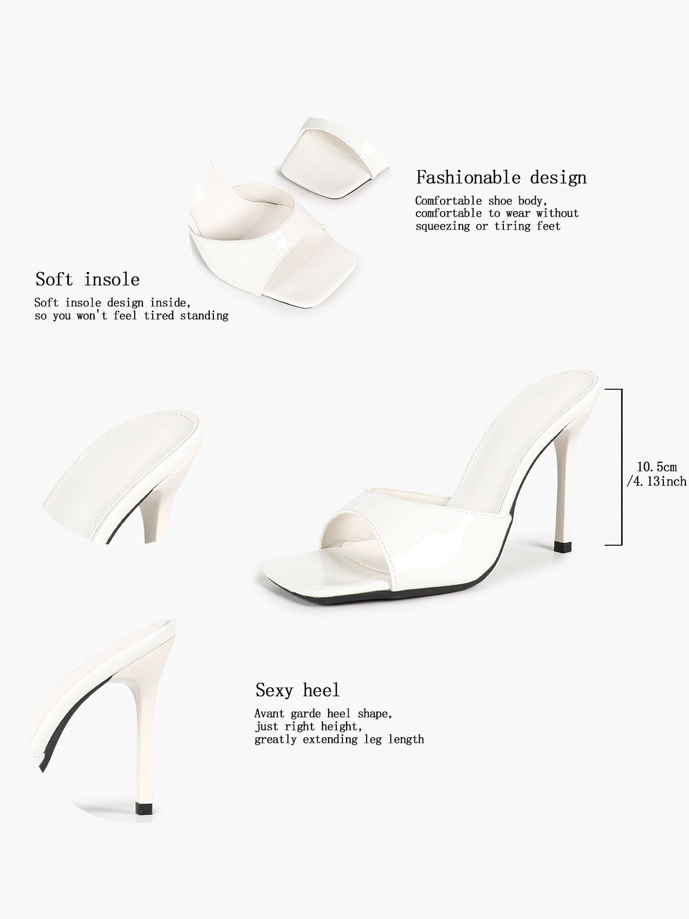 Women's White Patent Square Toe Stiletto Mules Slip-On Single Band Summer Vacation Shoes