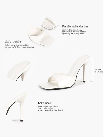 Women's White Patent Square Toe Stiletto Mules Slip-On Single Band Summer Vacation Shoes