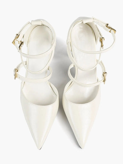 Cream Triple Ankle Strap Stiletto Pumps – Women’s Pointed Toe Cage Heel High Heels YISHIFAN
