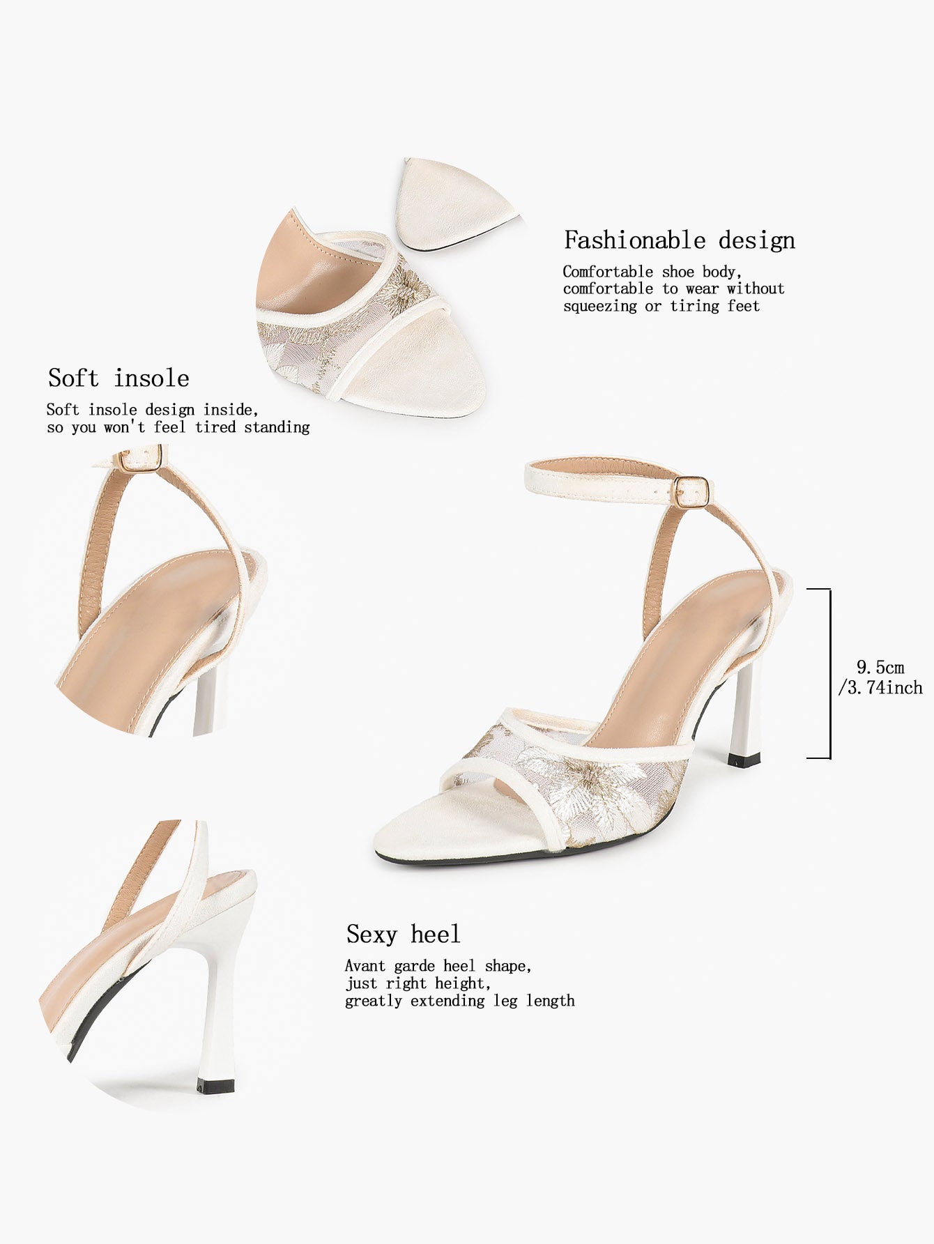 Cream Suede Trim Floral Sequin Strap Heels Ankle Buckle Pointed Open Toe Stilettos Chic Date Night Shoes