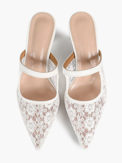Black Floral Lace Mary Jane Kitten Heel Mules – Women's Pointed Toe Goblet Heel Slip-On YISHIFAN