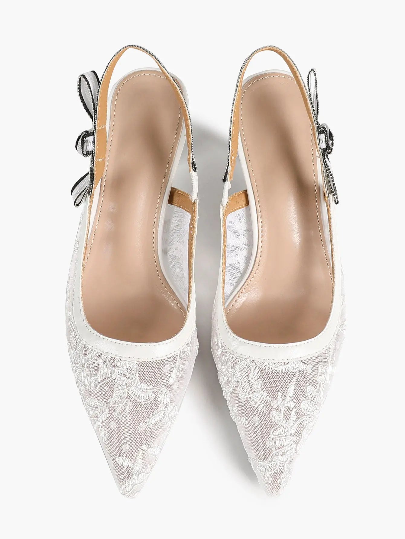 White Floral Embroidery Slingback Kitten Heels – Women's Pointed Toe Goblet Heel YISHIFAN