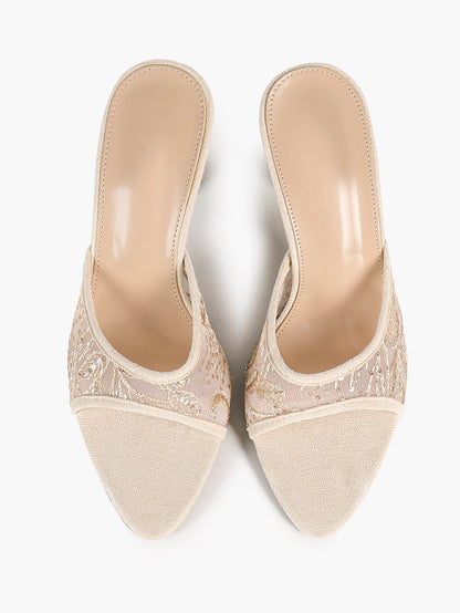 Women's Apricot Suede Trim Mesh Pointed Toe Stiletto Mules Slip-On Chic Office Shoes