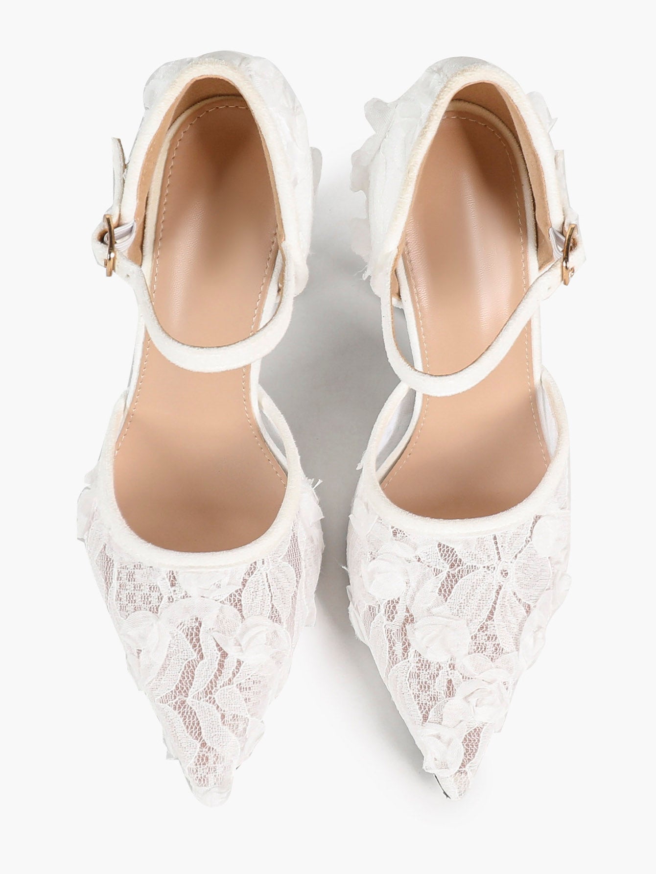 Chic White 3D Lace Stiletto Pumps - Pointed Toe Ankle Strap Heels with Floral Appliqué